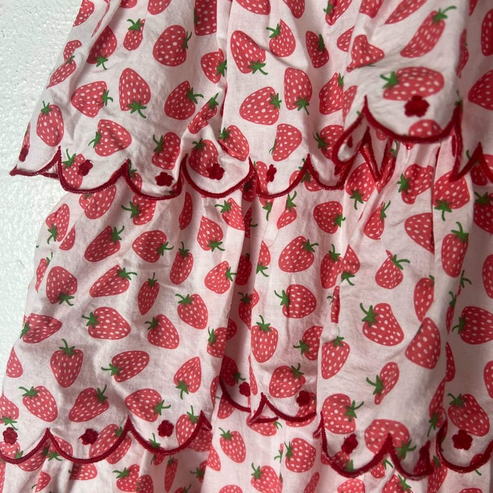 Mini Boden 8-9 year old Strawberry Tiered Dress Scalloped Embroidered Ruffle - Picture 2 of 9